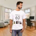 60e verjaardag aangepaste foto monogram man t-shirt<br><div class="desc">Voor een 60e verjaardag als cadeau of voor het feest. Een collage van 3 van je foto's van zichzelf,  vrienden,  familie,  interesse of huisdieren. Personaliseer en voeg zijn naam,  leeftijd 60 en een datum toe. Geboortedatum of de datum van het verjaardagsfeest. Grijze en zwart gekleurde tekst.</div>