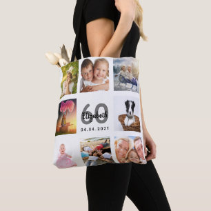 60e verjaardag aangepaste fotocollage vrouw wit tote bag
