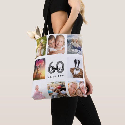 60e verjaardag aangepaste fotocollage vrouw wit tote bag (Dichtbij)