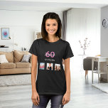 60e verjaardag aangepaste fotoroze monogram vrouw t-shirt<br><div class="desc">Voor een 60ste verjaardag als cadeau of voor het feest. Een collage van 3 van uw foto's van zichzelf vrienden,  familie,  interesse of huisdieren. Personaliseer en voeg haar naam,  leeftijd 60 en een datum toe. Geboortedatum of de datum van het verjaardagsfeestje. Roze en witte gekleurde letters.</div>