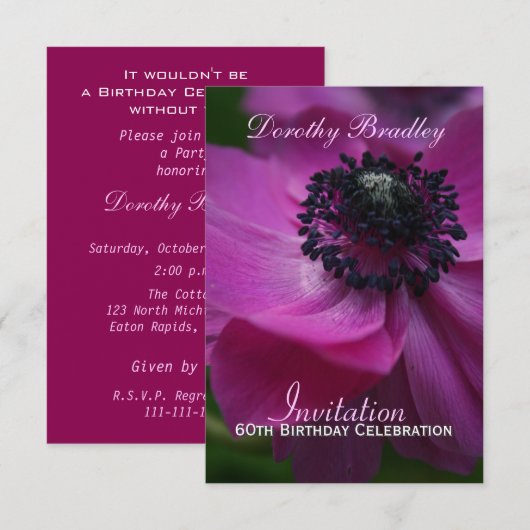 60e verjaardag Anemone Custom Invite Kaart (Voorkant / Achterkant)