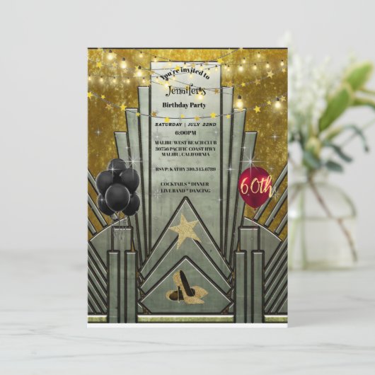 60e verjaardag Art Deco Gatsby Theme Invitati Kaart (Staand voorkant)