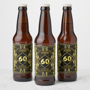 60e verjaardag Art Deco Gold Black Grote Gatsby Bier Etiket