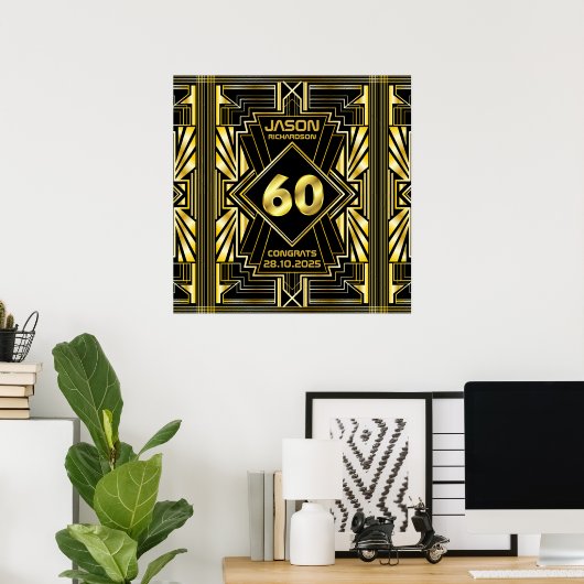 60e verjaardag Art Deco Gold Black Grote Gatsby Poster (Thuiskantoor)