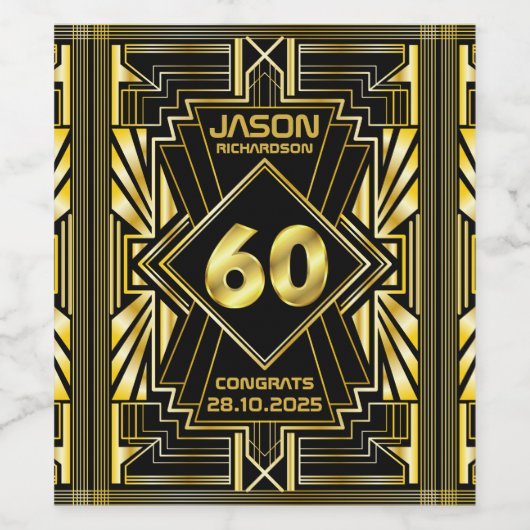 60e verjaardag Art Deco Gold Black Grote Gatsby Wijn Etiket (Enkel label)