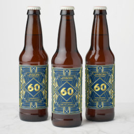 60e verjaardag Art Deco Gold Blue Great Gatsby Bier Etiket