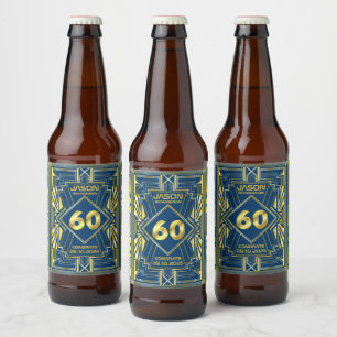 60e verjaardag Art Deco Gold Blue Great Gatsby Bier Etiket