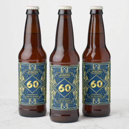 60e verjaardag Art Deco Gold Blue Great Gatsby Bier Etiket (Flessen)