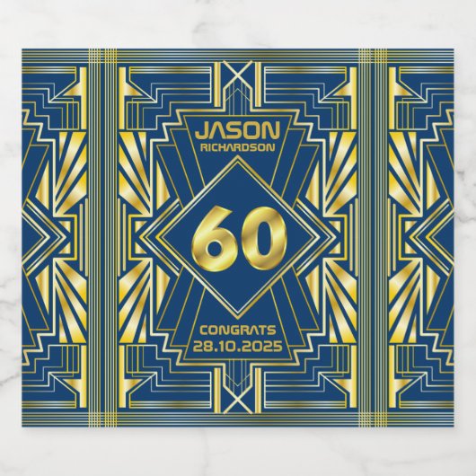 60e verjaardag Art Deco Gold Blue Great Gatsby Bier Etiket (Enkel label)