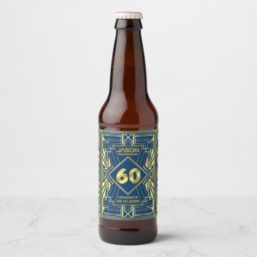 60e verjaardag Art Deco Gold Blue Great Gatsby Bier Etiket (Voorkant)