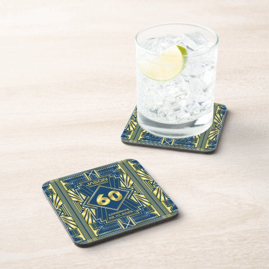 60e verjaardag Art Deco Gold Blue Great Gatsby Bier Onderzetter (Rechterzijde)