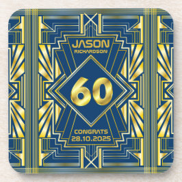 60e verjaardag Art Deco Gold Blue Great Gatsby Bier Onderzetter