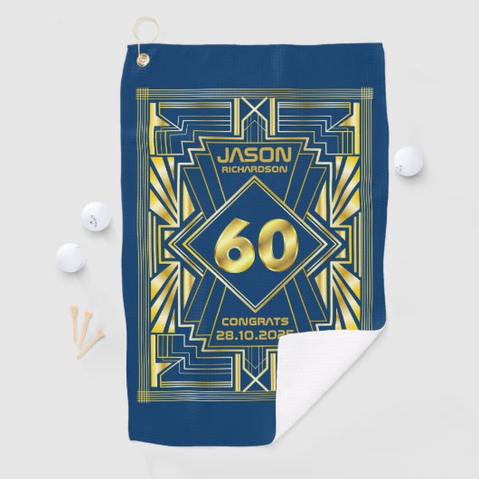 60e verjaardag Art Deco Gold Blue Great Gatsby Golfhanddoek (Insitu)