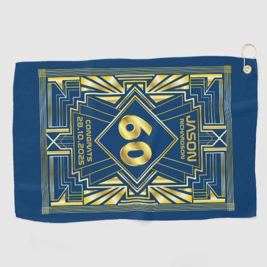 60e verjaardag Art Deco Gold Blue Great Gatsby Golfhanddoek (Horizontaal)
