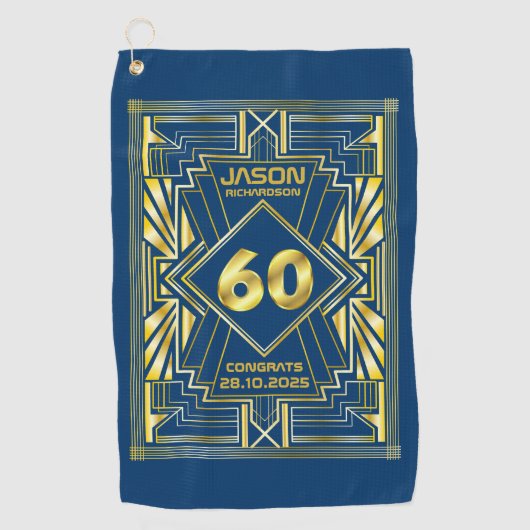 60e verjaardag Art Deco Gold Blue Great Gatsby Golfhanddoek (Voorkant)