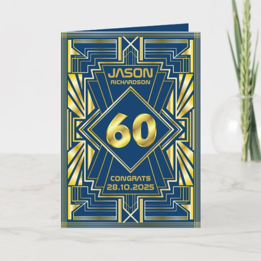 60e verjaardag Art Deco Gold Blue Great Gatsby Kaart (Voorkant)