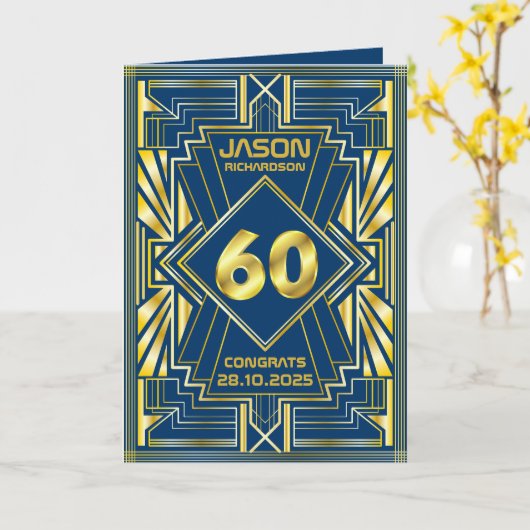 60e verjaardag Art Deco Gold Blue Great Gatsby Kaart (Gele Bloem)