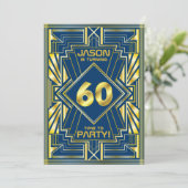 60e verjaardag Art Deco Gold Blue Great Gatsby Kaart (Staand voorkant)