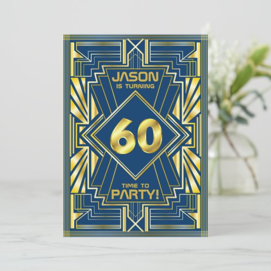60e verjaardag Art Deco Gold Blue Great Gatsby Kaart (Staand voorkant)