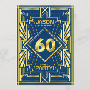 60e verjaardag Art Deco Gold Blue Great Gatsby Kaart