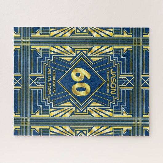 60e verjaardag Art Deco Gold Blue Great Gatsby Legpuzzel (Horizontaal)