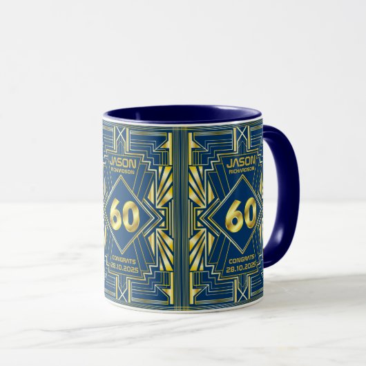 60e verjaardag Art Deco Gold Blue Great Gatsby Mok (Voorkant rechts)