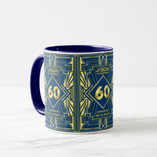 60e verjaardag Art Deco Gold Blue Great Gatsby Mok (Voorkant links)