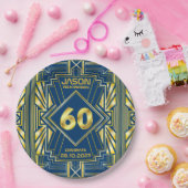 60e verjaardag Art Deco Gold Blue Great Gatsby Papieren Bordje (Feest)