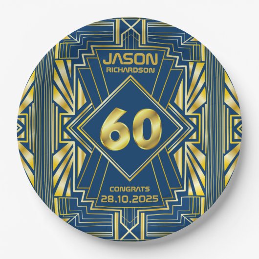 60e verjaardag Art Deco Gold Blue Great Gatsby Papieren Bordje (Voorkant)