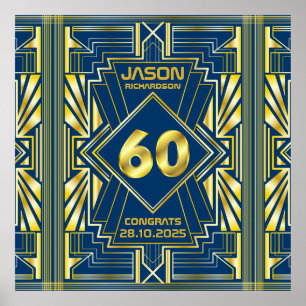 60e verjaardag Art Deco Gold Blue Great Gatsby Poster