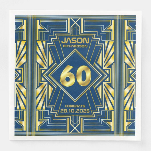 60e verjaardag Art Deco Gold Blue Great Gatsby Servet (Voorkant)