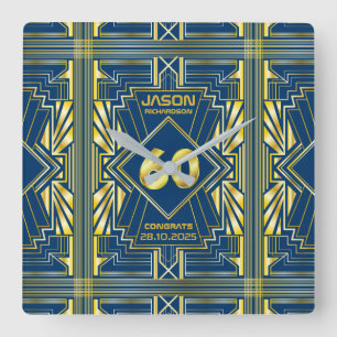 60e verjaardag Art Deco Gold Blue Great Gatsby Vierkante Klok