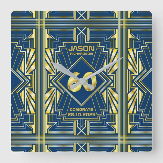 60e verjaardag Art Deco Gold Blue Great Gatsby Vierkante Klok (Voorkant)