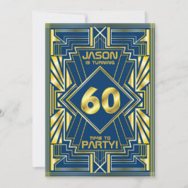 60e Verjaardag Art Deco Goud Blauw Great Gatsby Kaart