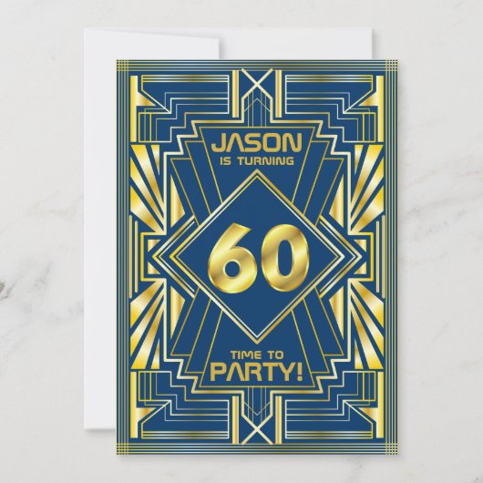 60e Verjaardag Art Deco Goud Blauw Great Gatsby Kaart (Voorkant)