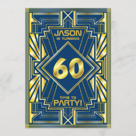 60e Verjaardag Art Deco Goud Blauw Great Gatsby Kaart