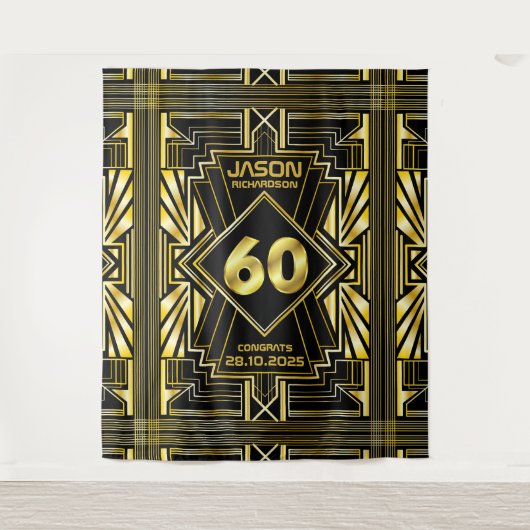 60e verjaardag Art Deco Goud Zwart Great Gatsby Wandkleed (Voorkant)