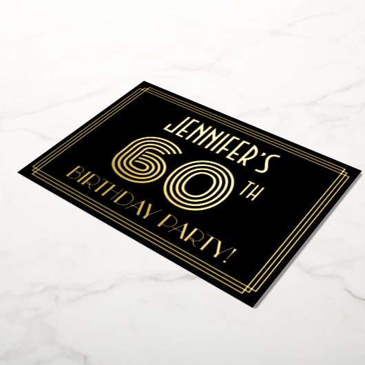 60e verjaardag — Art Deco Style "60" + Naam Folie Uitnodiging (Gedraaid)