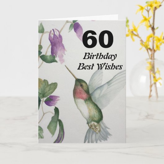60e verjaardag Beste wensen 60  kolibrie Kaart (Gele Bloem)