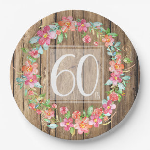 60e verjaardag, bijtende waterverf bloemen papieren bordje