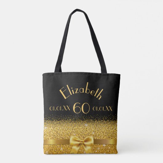 60e verjaardag Black Gold Bow Naam Tote Bag (Achterkant)