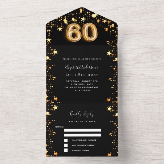 60e verjaardag Black Gold Stars RSVP All In One Uitnodiging (Binnen)