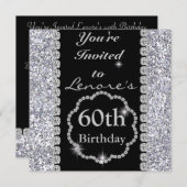 60e verjaardag Black & Silver BLING Invita Kaart (Voorkant / Achterkant)