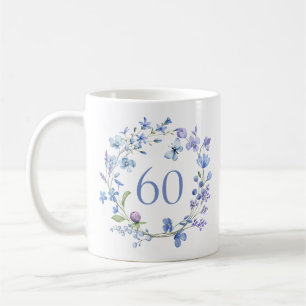 60e verjaardag Blauw Bloemen Monogram Koffiemok