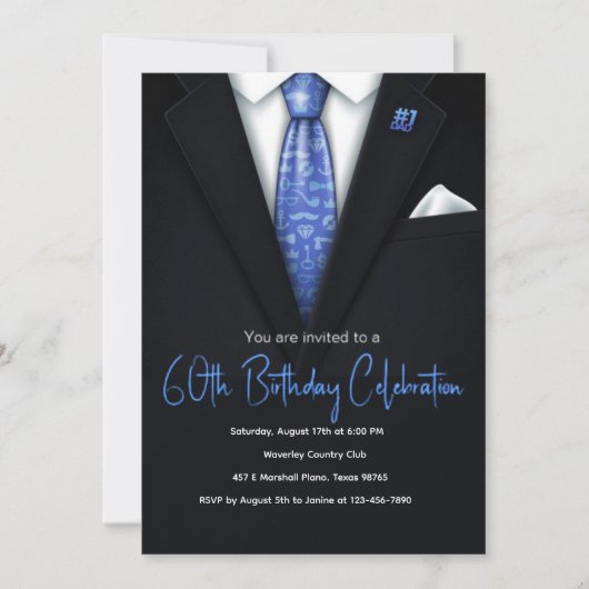 60e verjaardag Blauw en zwart Tuxedo uitnodiging (Voorkant)