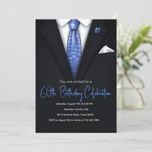 60e verjaardag Blauw en zwart Tuxedo uitnodiging (Staand voorkant)