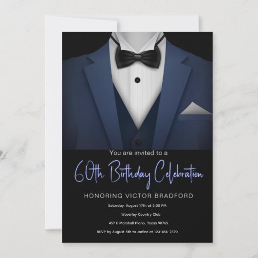 60e verjaardag Blauw en zwart Tuxedo uitnodiging (Voorkant)