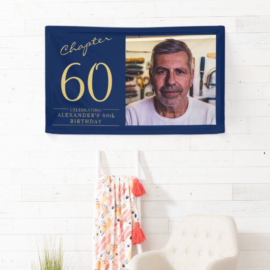 60e verjaardag blauw goud foto spandoek (Insitu)