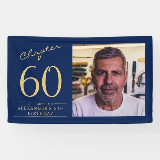 60e verjaardag blauw goud foto spandoek (Horizontaal)