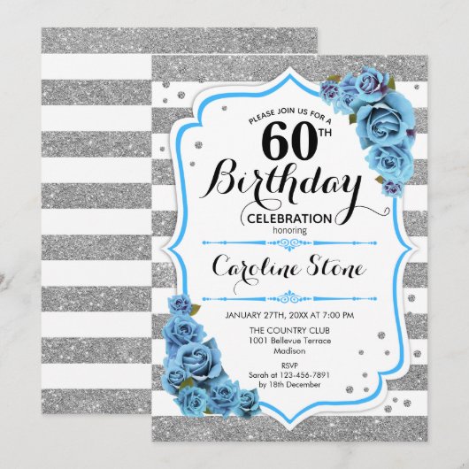 60e verjaardag - Blauw Zilver Wit Strepen Kaart (Voorkant / Achterkant)